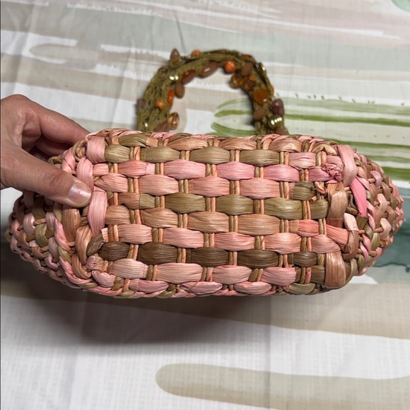 Cappelli Straworld woven straw tote bag with beaded handles Pink medium Y2K - Picture 5 of 8